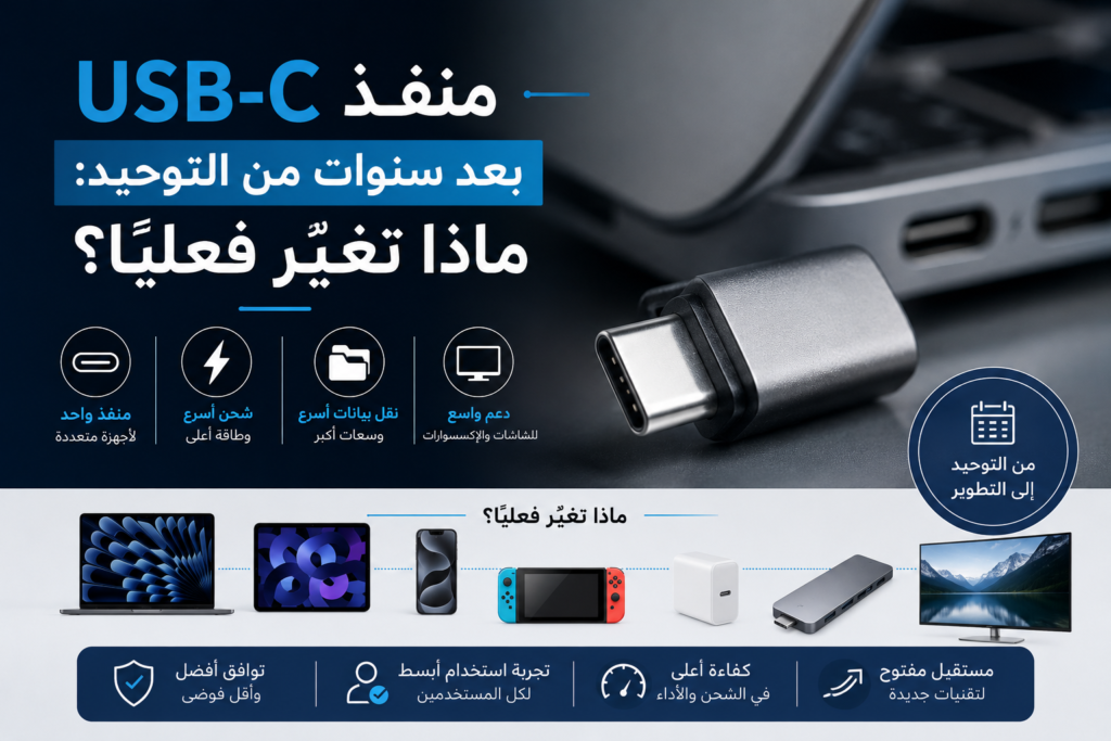 منفذ USB-C الحديث المستخدم للشحن ونقل البيانات وربط الأجهزة والشاشات