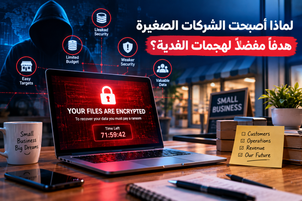 هجمات الفدية التي تستهدف الشركات الصغيرة وتشفّر بياناتها وملفاتها الرقمية.