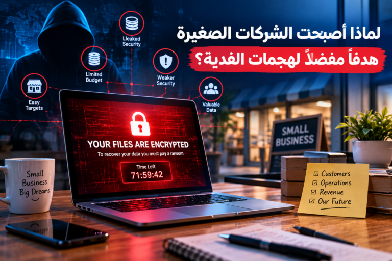 هجمات الفدية التي تستهدف الشركات الصغيرة وتشفّر بياناتها وملفاتها الرقمية.