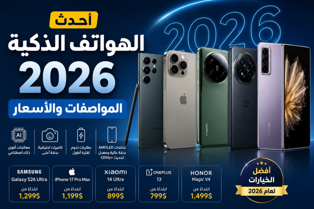 أحدث الهواتف الذكية 2026 مع عرض الهواتف الرائدة ومواصفاتها وأسعارها.